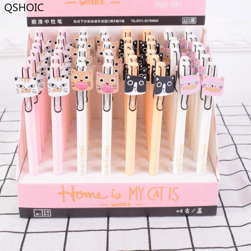 

48 Pcs Gel Pens Big Face Cat Black Colored Kawaii Gift Gel-ink Pens Pens For Writing Cute Stationery Office School Supplies