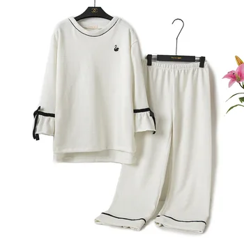 

Women Spring Autumn Cartoon Print Pajamas Sets Girls Pure Color O Neck Casual Sleepwear Sets Soft Cotton Home Clothes