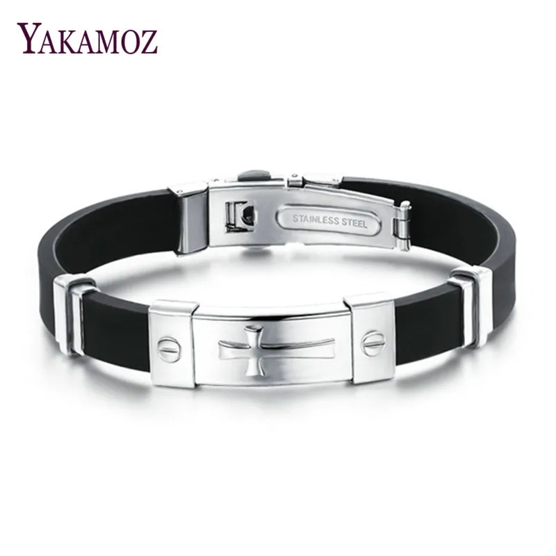 

YAMAKOZ 2017 Fashion Bracelet Men Sliver (Gold) Charms Titanium Stainless Steel Leather Cross Bracelet for Men Jewelry