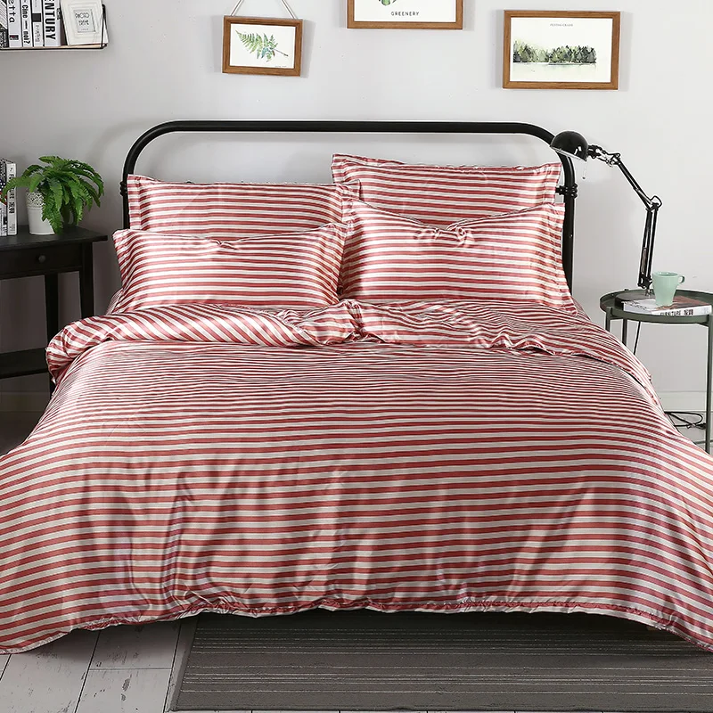 

Satin Silk Red Stripes Duvet Cover Set Skin-friendly And Soft Bedding Set King Queen Size Bed Linen Smooth Cool Bed Sheet Literi