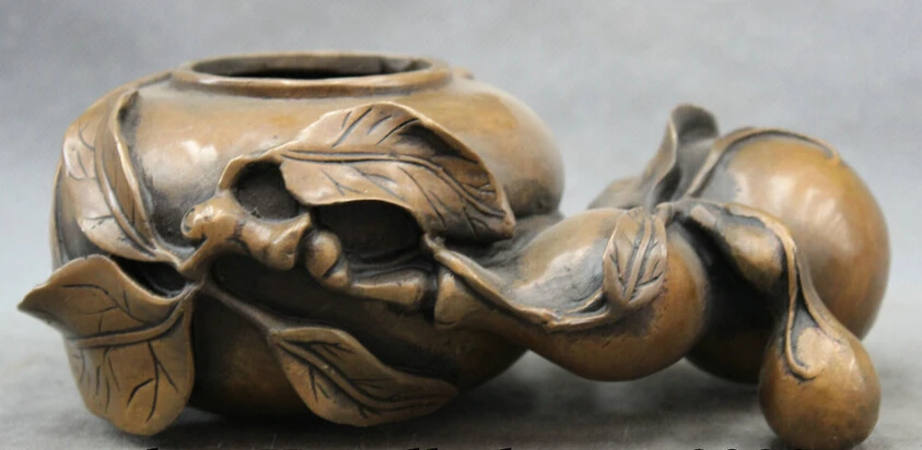 

S3837 8" Folk Chinese Bronze Longevity Shou Gourd Peach Statue Bowl Incense Burner D0317