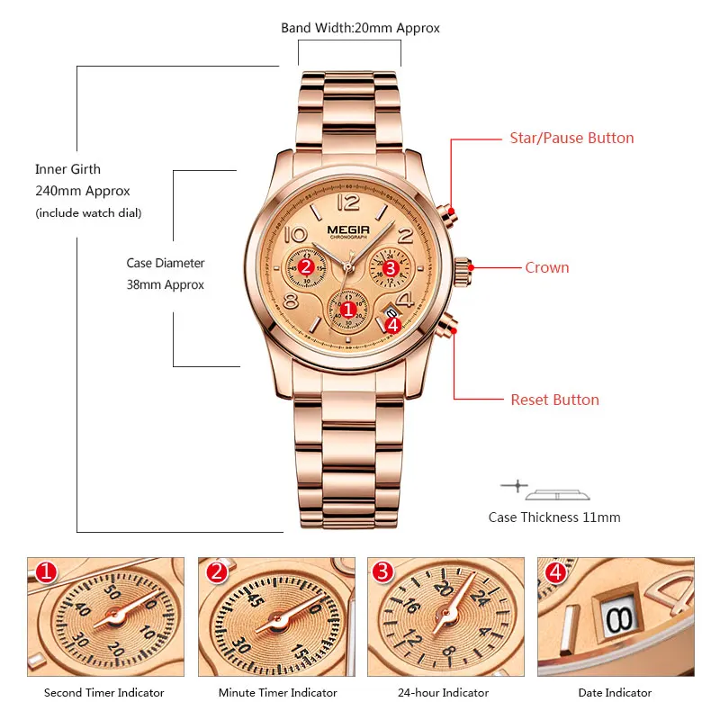 Megir Woman's Chronograph Quartz Watch with Gold Stainless Steel Bracelete 24 Hours Calendar Display Wristwatch for Ladies 2057L