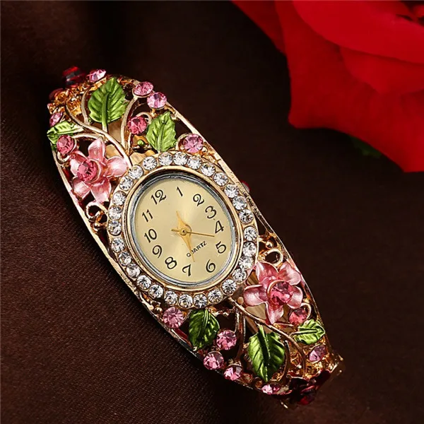 Часы Для женщин часы браслет цветок драгоценный камень Классический сплава наручные часы Женское платье часы кварцевые часы