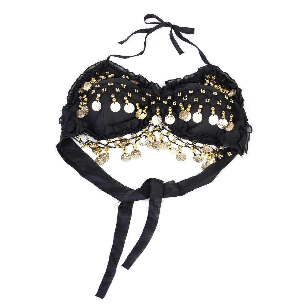 Fashionable Folded Lace Adorned Padded Back Lace Up Style Halter Bra Top Belly Dance Bra Top Costume Black