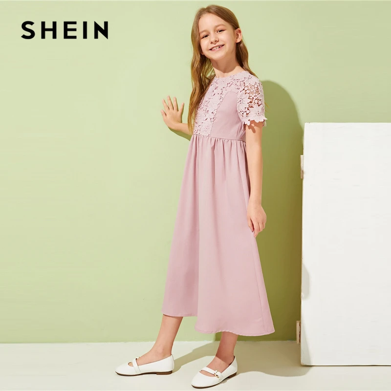 SHEIN Kiddie розовый гипюр кружева аппликация девушки милое платье Лето короткий рукав Высокая талия длинные расклешенные платья для подростков