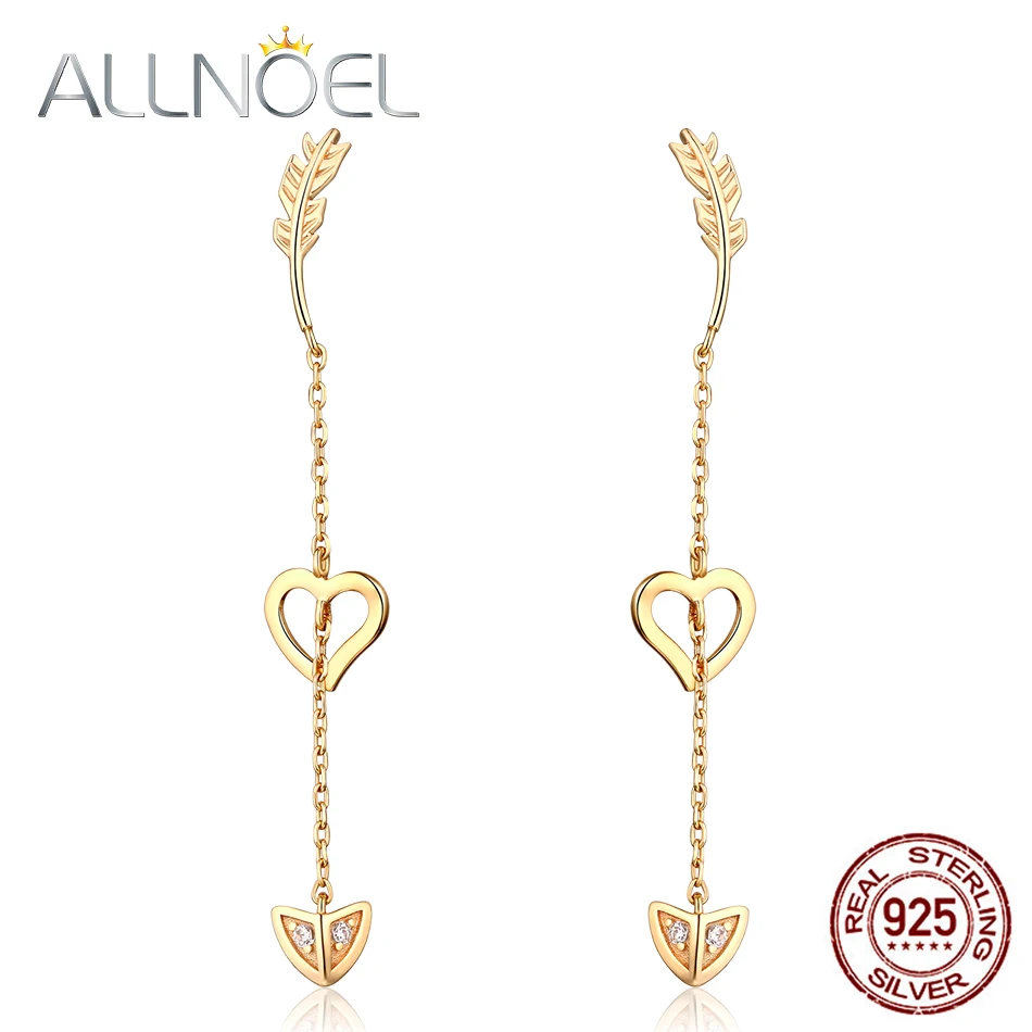 

ALLNOEL Real Cubic Zircon Drop Earrings For Women Pure 925 Sterling Silver Gemstone Cupid Love Arrow Heart Long Earrings Gift