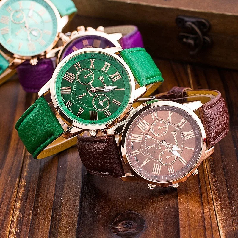 Модные женские кварцевые часы с кожаным ремешком Geneva