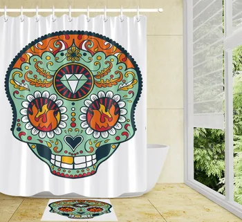 

LB 72'' Flame Gothic Flower White Shower Curtains Sugar Skull Halloween Polyester Bathroom Curtain Set Fabric for Bathtub Decor