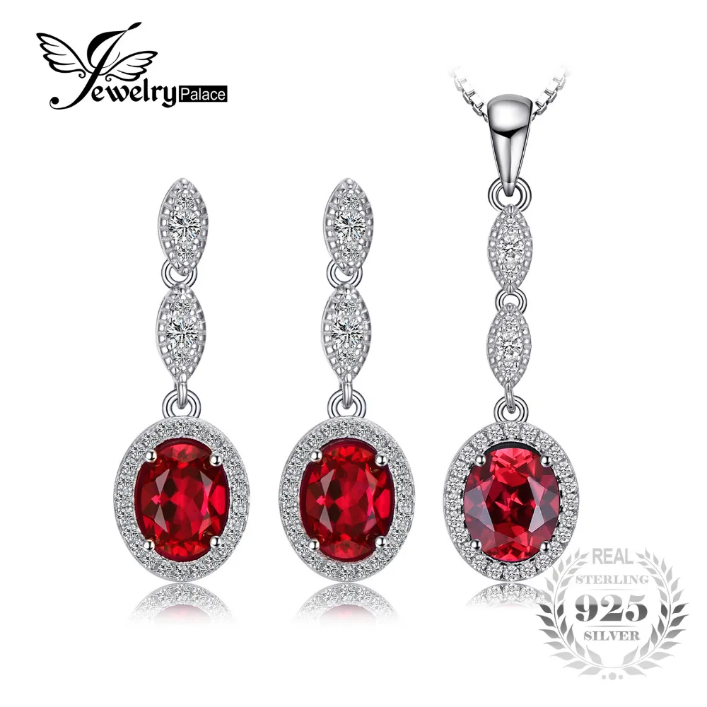 

JewelryPalace Elegant 6.2ct Created Ruby Dangle Earrings Pendant Necklace Jewelry Sets 925 Sterling Silver 45mm Free Shipping