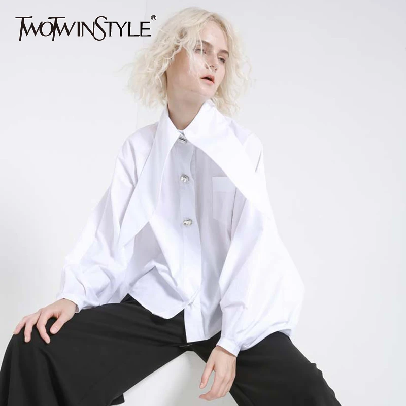 

TWOTWINSTYLE Irregular Collar Women's Shirt Batwing Sleeve Diamond Button Oversize White Blouse Female Autumn Harajuku Clothing