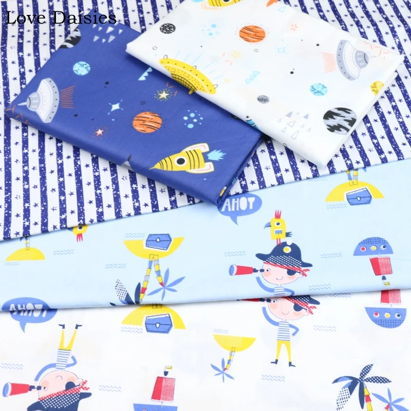 

100% Cotton Twill WHTIE BLUE Marine Cartoon Captain Lookout Palm Trees Ship Space Rocket Stripe Star Fabrics for Sheet Cushion