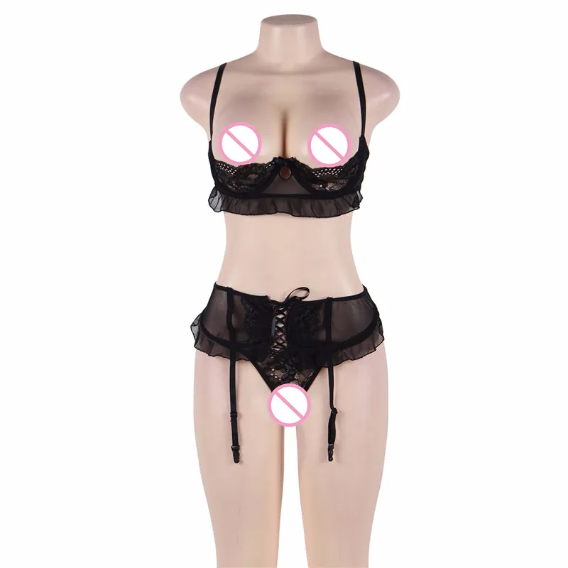 Plus Size Sexy Lingeries Women's Lace Open Cup Shelf Bra + Garter Belt + G-string Porn Sex Underwear Female Sexy Products