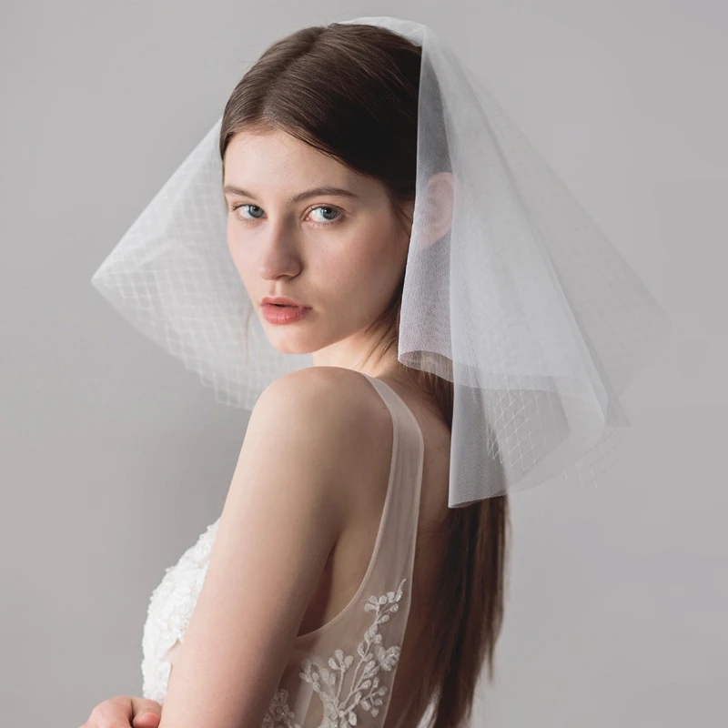 

Wedding Evening Party Women Bridal Ivory White Tulle Mesh Two Layers Short Veil Bride Veils With Comb