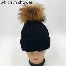 15 см из натурального меха енота помпонами теплые толстые связан из шерсти шапка женский меховой помпон зимние шапки для женщин спортивный лыжный Skullies шапочки