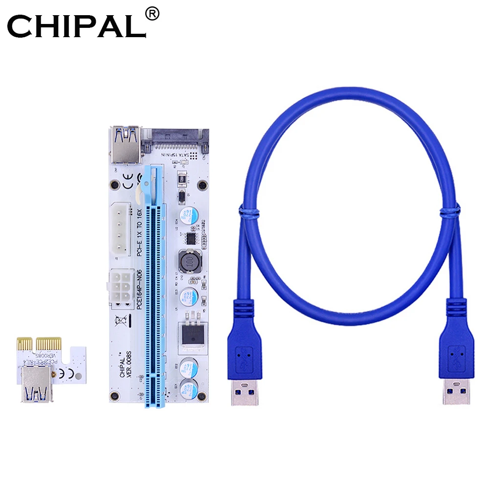 

CHIPAL Blue 60CM VER008S PCI-E 1X to 16X Extender 008S PCIE Riser Card with 4pin 6pin SATA Power Interface for ETH Bitcoin Miner