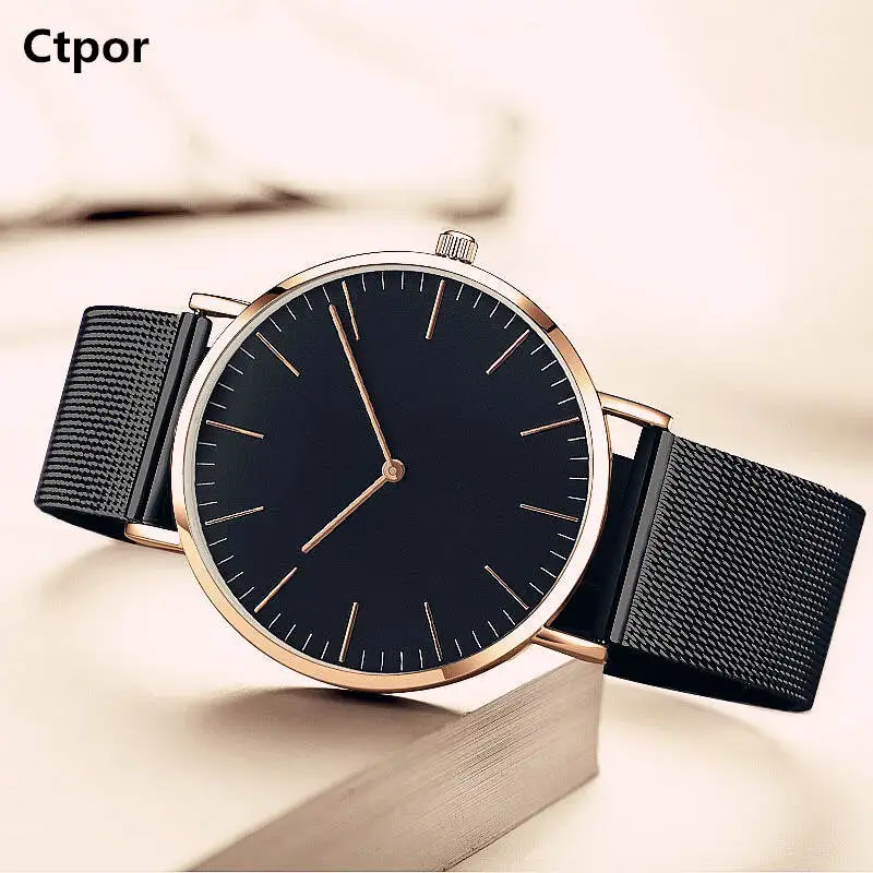 Простые часы без логотипа Ctpor фирменный дизайн мужские часы черный ремешок из нержавеющей стали модные мужские кварцевые часы тонкие новые FD1301