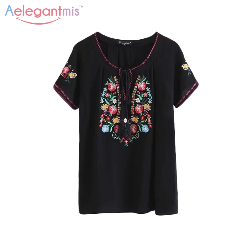 

Aelegantmis 2019 Ethnic Short Sleeve Casual Embroidery Blouse Women Summer Loose Black Floral Embroidered Shirt Retro Tops