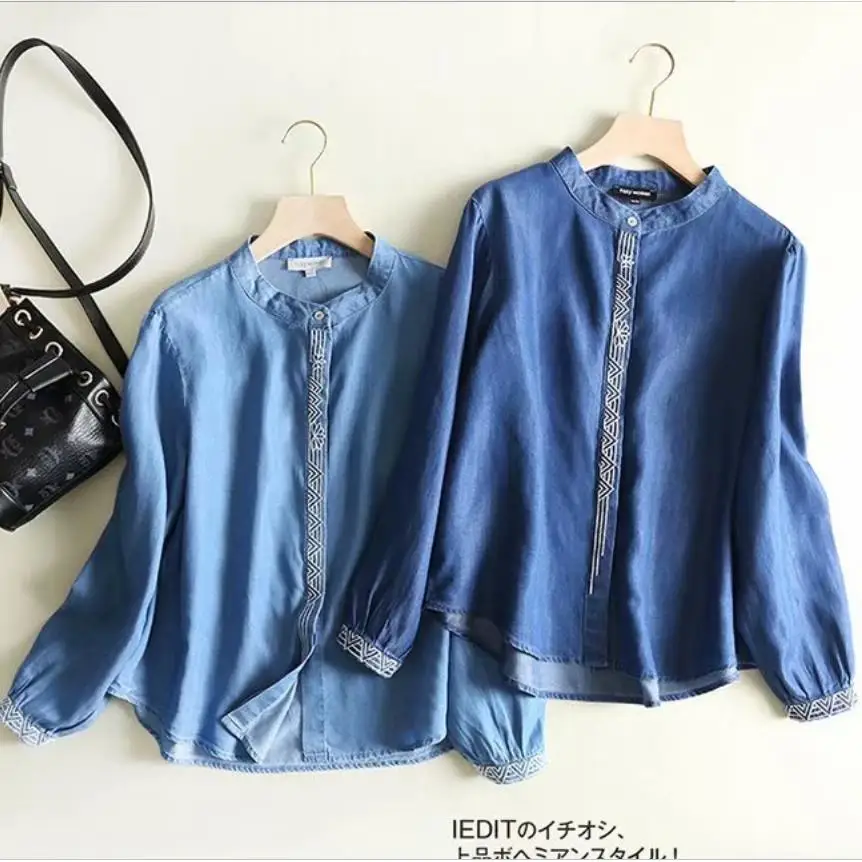 

2019 new Spring fashion o-neck women jeans blouse embroidery long sleeve Tencel denim shirt tops