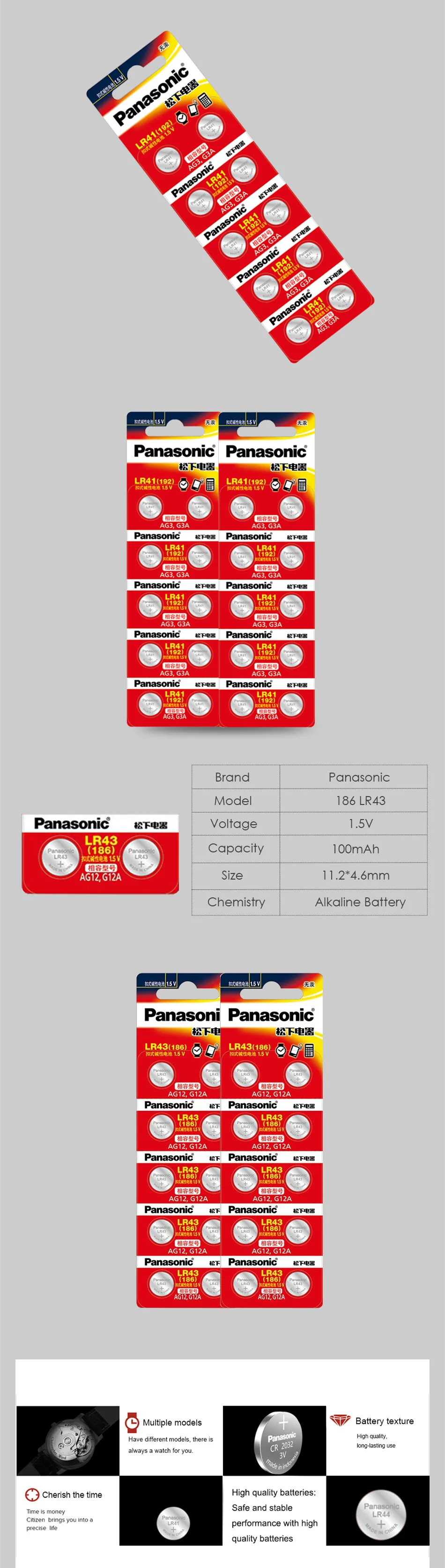 Panasonic Original 10pcs/lot LR41 Button Cell Batteries SR41 AG3 G3A L736 192 392A Zn/MnO2 1.5V Lithium Coin Batteries