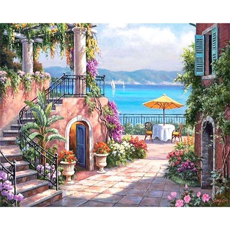 

Painting By Numbers DIY Dropshipping 50x65 60x75cm Villa park white table Landscape Canvas Wedding Decoration Art picture Gift
