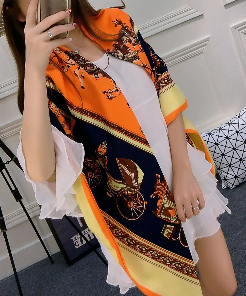 

Classic Vintage Carriage Women Scarf Elegant Lady Big Square Scarfs Spring Warm Shawl Summer Sun Block Pashmina Twill Silk Wrap
