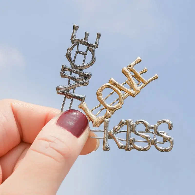

New Fashion Women Lady Headdress Metal Alloy Letter Hairpin Girls Bangs Side Clips Simple Hollow Hair Clip