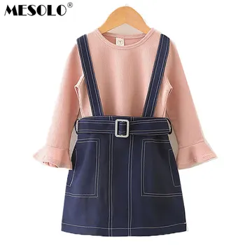 

MESOLO Baby Girls Clothes Sets 2019 Spring Cotton Flare Sleeve T-shirts+Strap Denim Skirt 2pcs Suits for Kids Children's Clothin