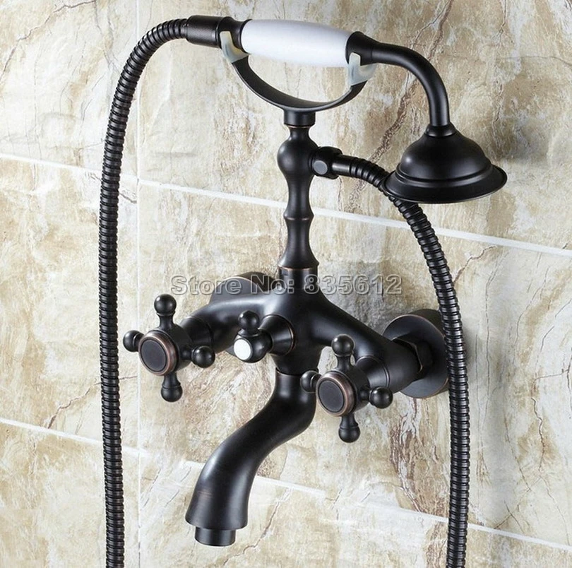 

Black Oil Rubbed Brass Wall Mounted Dual Handles Bathtub Faucet Mixer Taps with Telephone Style Handheld Shower Head Wtf041