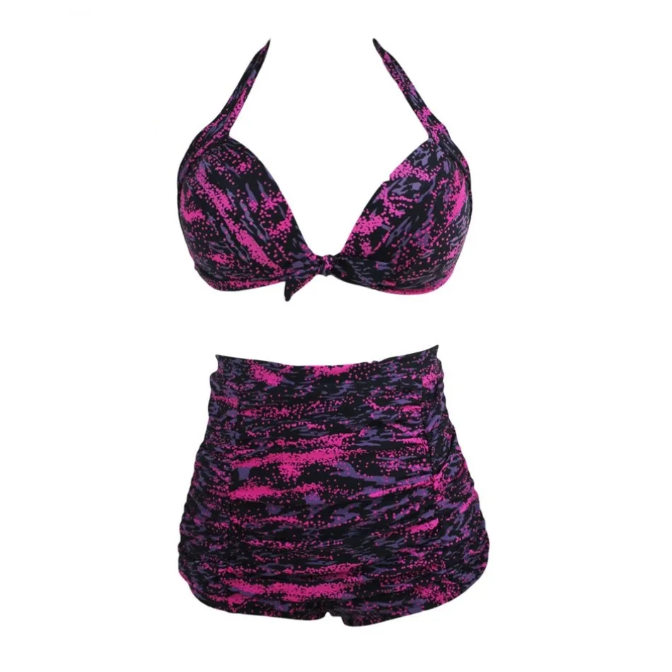 2016 Vintage High Waist Swimsuit Women Halter Neck Style Plus Size Swimwear Retro Floral Bikini Push