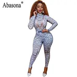 Abasona винтажный принт сексуальный Облегающий комбинезон женский длинный рукав водолазка комбинезон женский s комбинезон одежда для дня