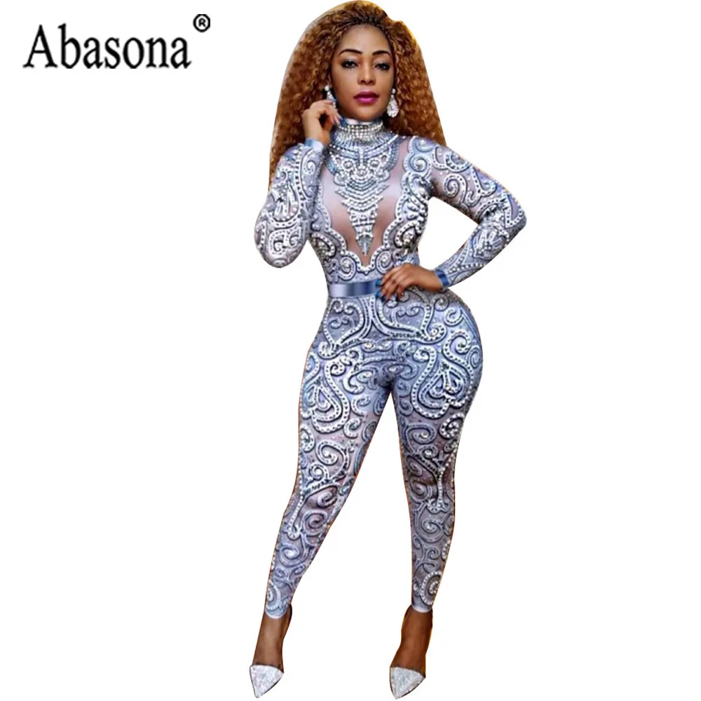 Abasona Vintage Print Sexy Bodycon Jumpsuit Women Long Sleeve Turtleneck Rompers Womens Jumpsuit Birthday Wear Party Outfit