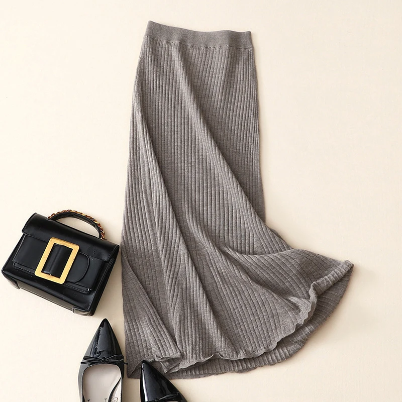 

worsted 100% cashmere long women rib knitted high waist skirt