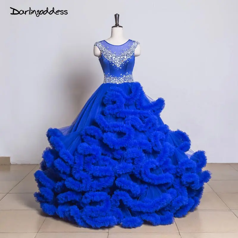Роскошные пышные свадебные платья принцессы с облаками Королевский синий бальный наряд с кристаллами из тюля размера плюс свадебные Платья vestidos de noiva - Цвет: Синий