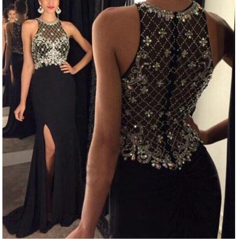 

2021 Prom Dresses Black Bling Sleeveless Beads Crystal Side Split Mermaid Sheath Long Sheer Back Party Dress Evening Gowns