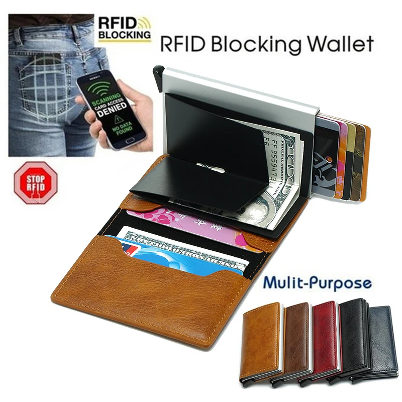 

Male Card Holder RFID Aluminium Alloy Credit Card Holder 2019 Newest Metal Leather Wallet Antitheft Men Automatic Card Case