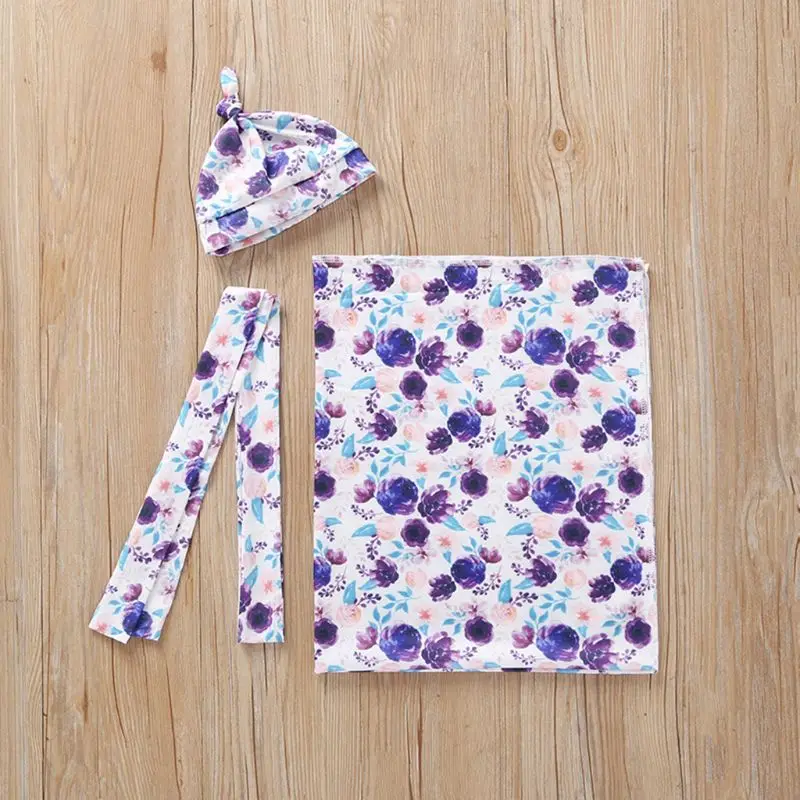 

3 Pcs/set Summer Newborn Swaddle Blanket Headband Hat Thin Print Baby Wrap Cloth New