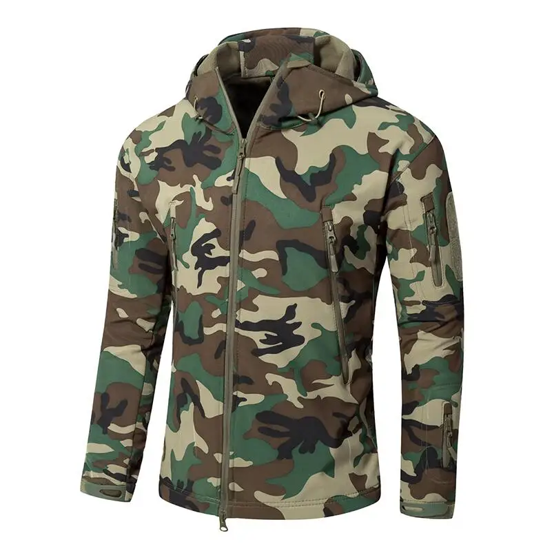 Военная тактическая куртка из кожи акулы, Мужская Флисовая Водонепроницаемая камуфляжная ветровка, армейская куртка с капюшоном, мужская зимняя куртка - Цвет: Green Camouflage