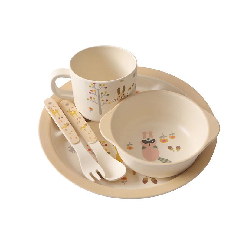5 PcsSet Baby Bamboo Fiber Dinnerware Eco-friendly Children Feeding Food Plate With Cup Spoon Fork Food Storage Plate BB5120 (7)
