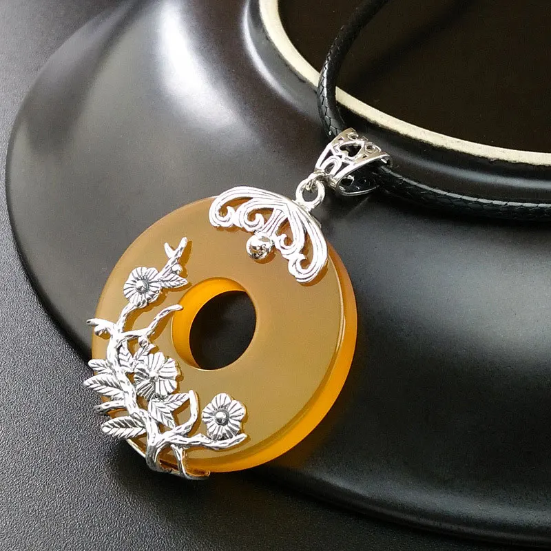 

925 Silver Flower Pendant Natural Yellow Stone 100% Pure S925 Solid Thai Silver Pendants for Women Jewelry Making
