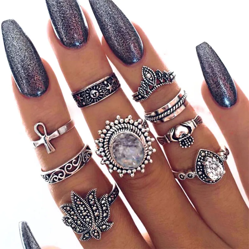 Yobest Большой опал обручальные кольца Лотос крест Винтаж средние фаланговые кольца для женщины серебро цветное кристаллическое кольцо