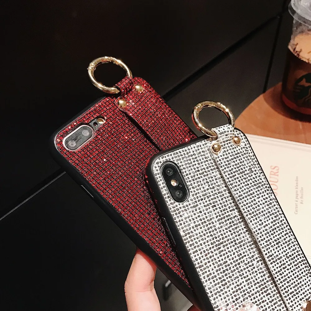 Case For iPhone Xr X Xs Max Cover Korean Shiny Glitter Sequins Girly Wristband Stand Phone Cases (4)