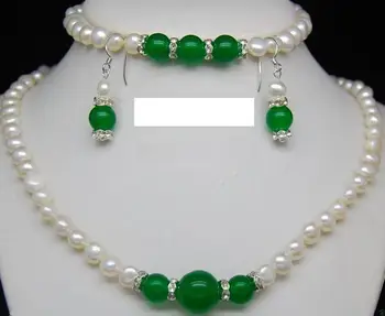 

Natural 7-8mm White Pearl & Green Jade Gems Necklace Bracelet Earring Set 18"7.5