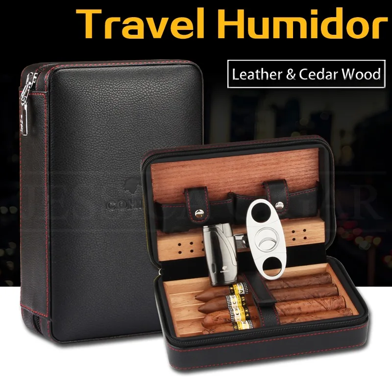 COHIBA Cedar Wood Cigar Humidor Travel Portable Leather Cigar Case