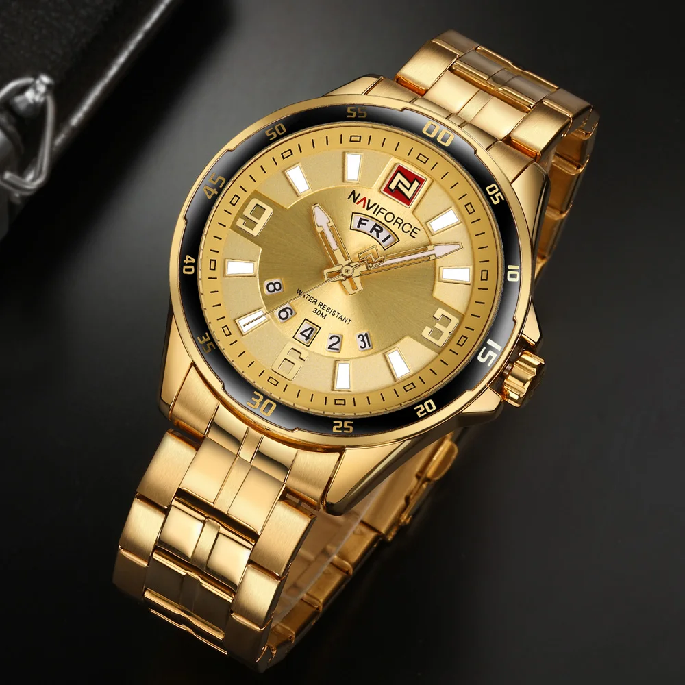 Мужские золотые часы Топ бренд Naviforce 9106 спортивные часы мужские водонепроницаемые полностью Стальные кварцевые армейские военные часы мужские Relogio Masculino