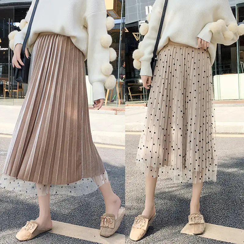 

Polka Dot Velvet Mesh Pleated Women's Midi Skirt Solid High Waist Women A-line Long Skirts 2019 Summer Casual Female Bottoms