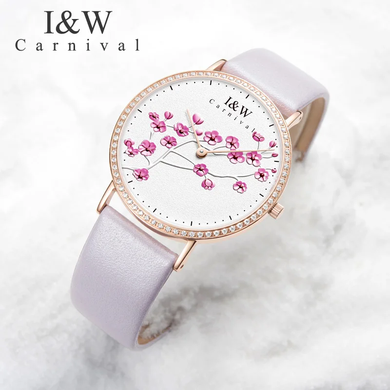 

CARNIVAL Watch Women Fashion Rhinestones Dress Pink Leather Ladies Watch Relogio Feminino Luxury Exquisite Women's Watches New