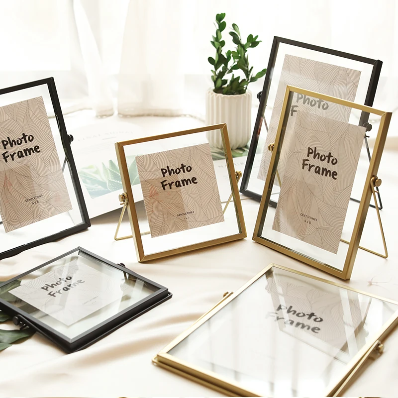 Gold Metal and Glass Photo Frame Folding Wire Desktop Picture Brass Frames for Portraits and Landscape