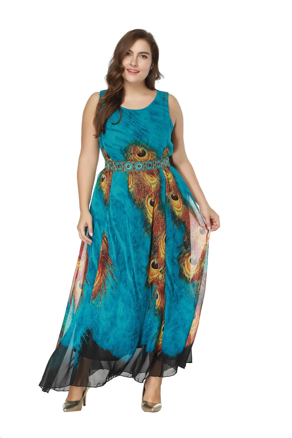 new arrival summer long dress plus size 7XL 8XL Chiffon Maxi Dress blue color printed beach