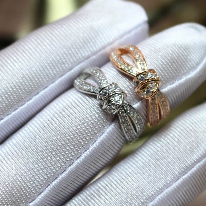 

Rose Gold Color Full Zircon Bowknot Rings for Women Fashion Creative Knot Wedding Engagement Rings Lovers Promise Jewelry Anel