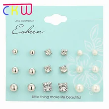 CKW, корейские серьги, комплект жемчужных серег стразы, серьги с жемчугом